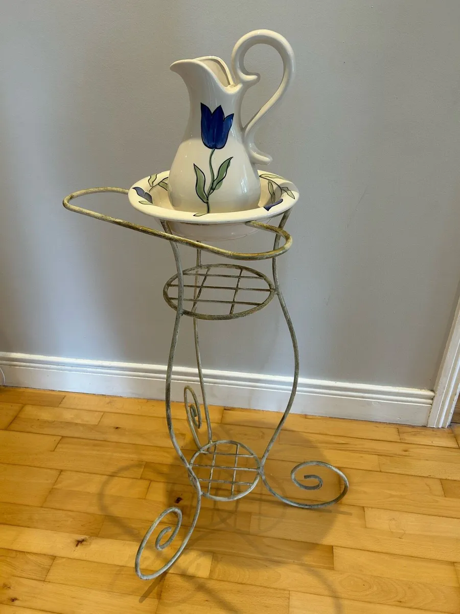 Antique pitcher and basin set with metal stand - Image 3
