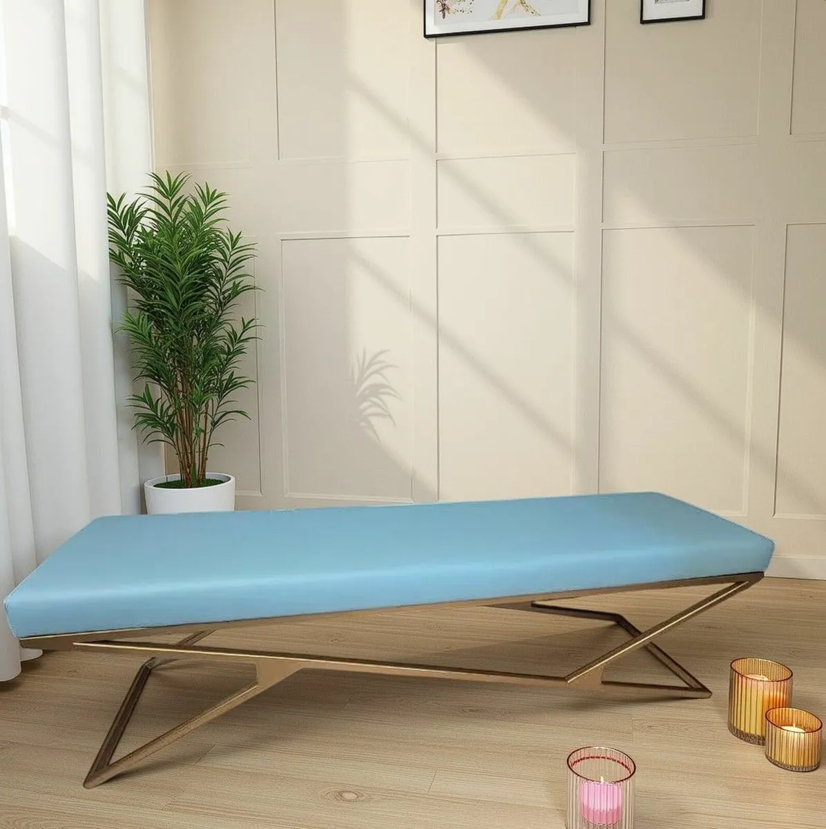 Luxury Velvet Bench – Gold Powder-Coated Metal - Image 1