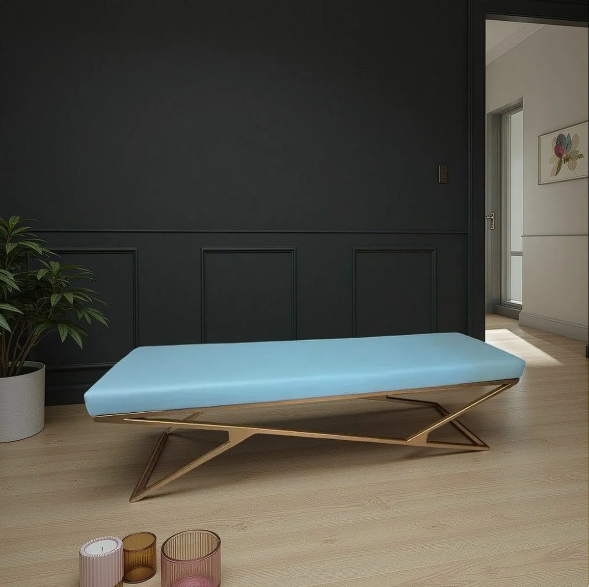 Luxury Velvet Bench – Gold Powder-Coated Metal - Image 2