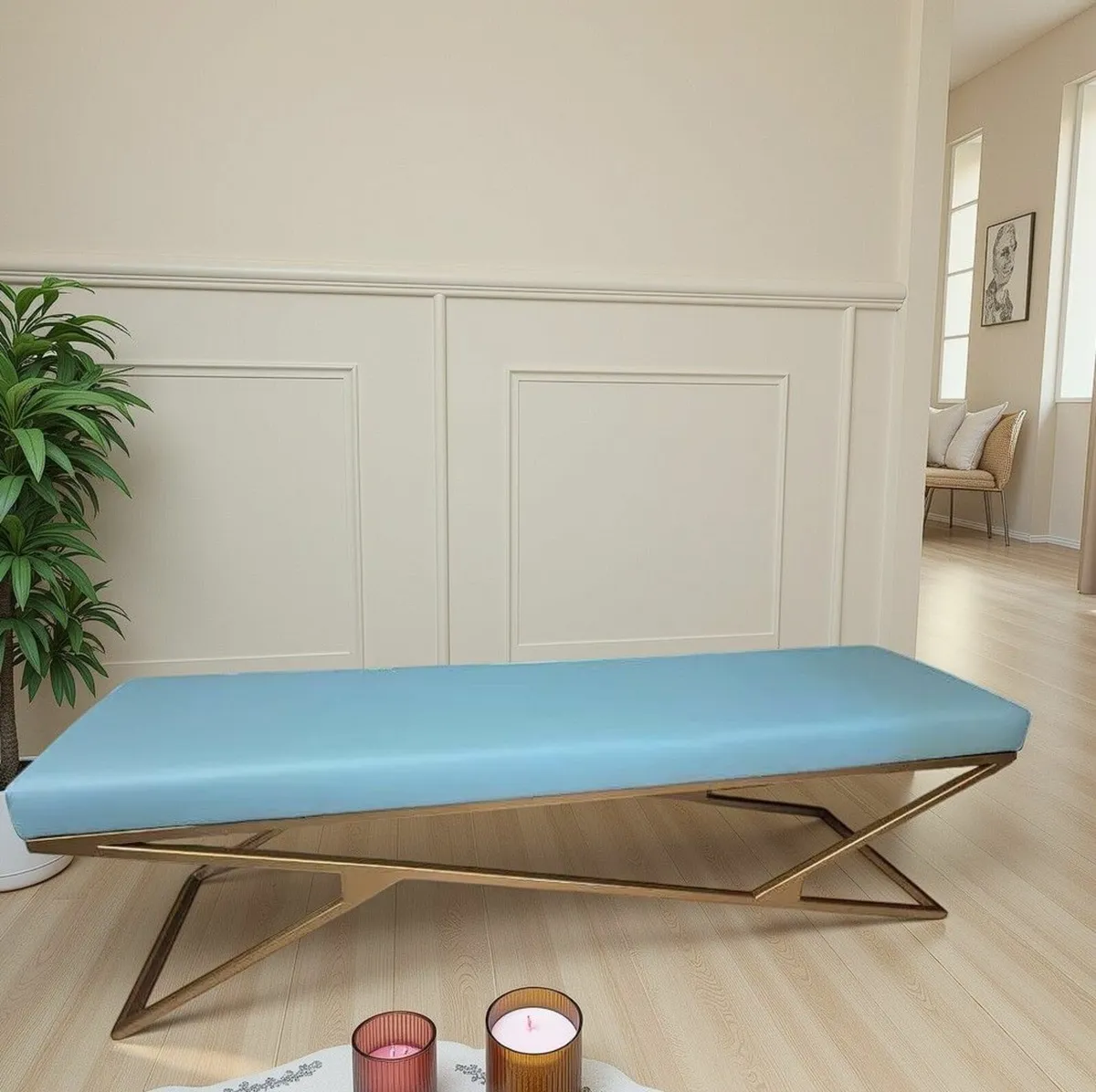 Luxury Velvet Bench – Gold Powder-Coated Metal - Image 3