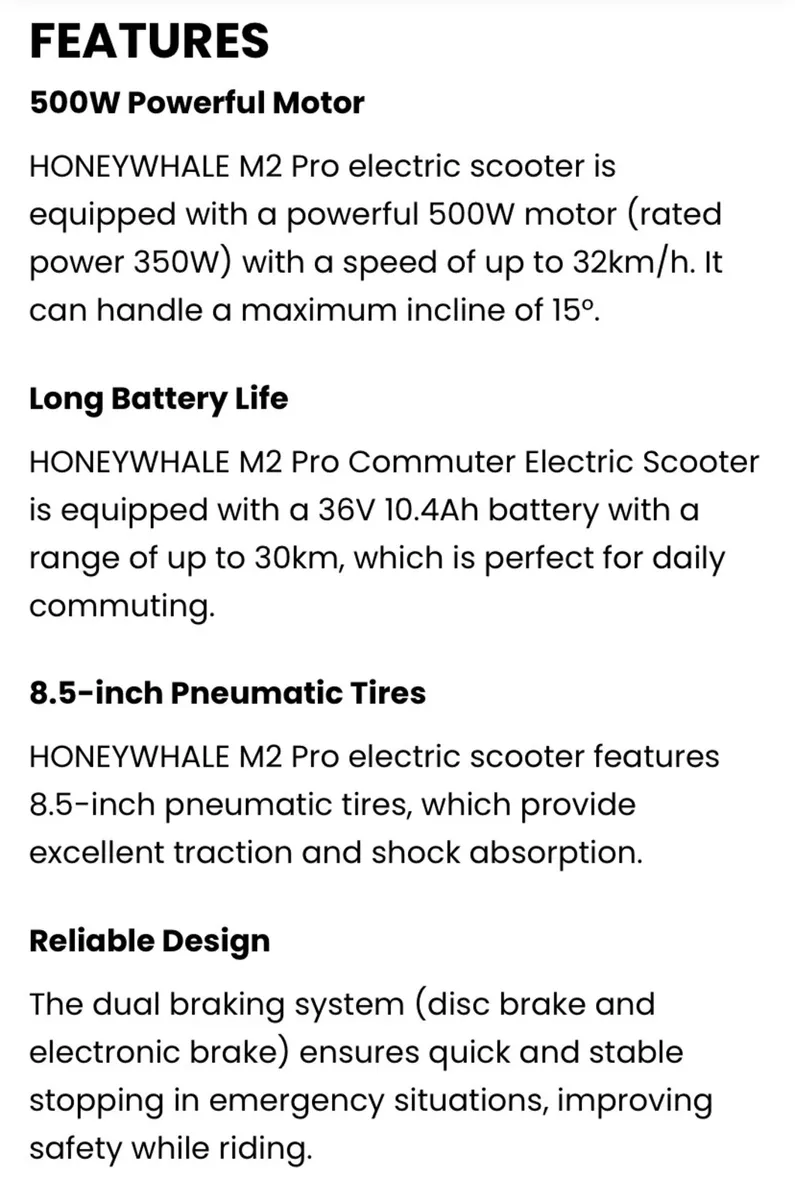 HONEYWHALE M2 Pro Electric Scooter - Image 2