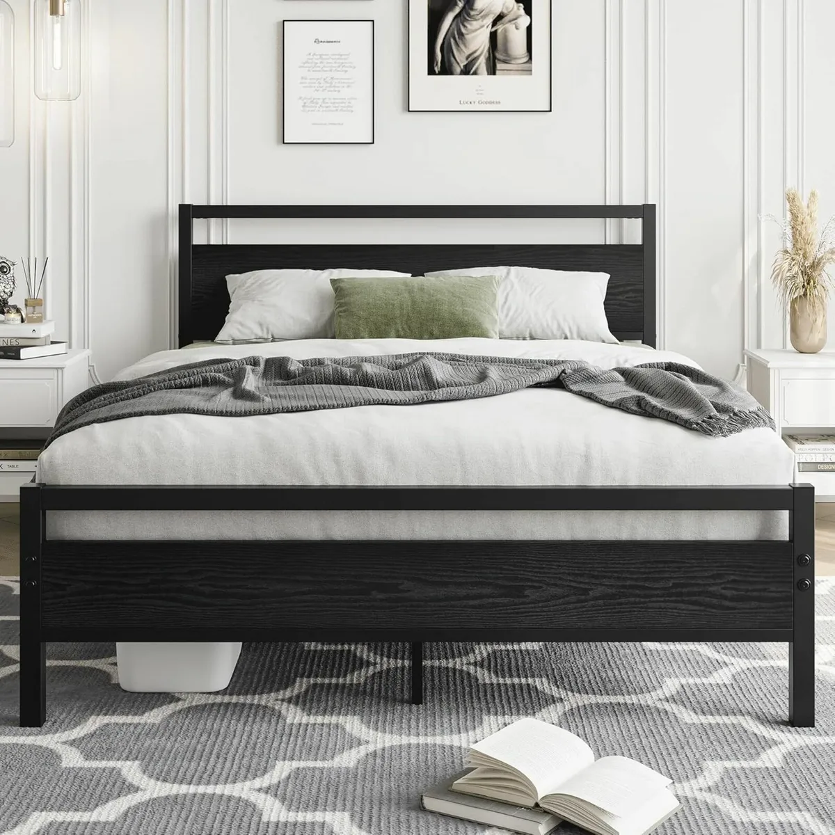 Double Bed Frames Wooden Headboard Black 135x190cm - Image 1