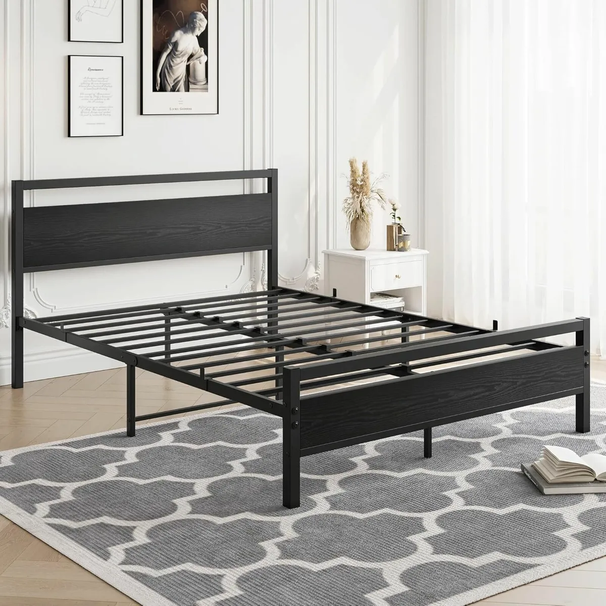 Double Bed Frames Wooden Headboard Black 135x190cm - Image 3