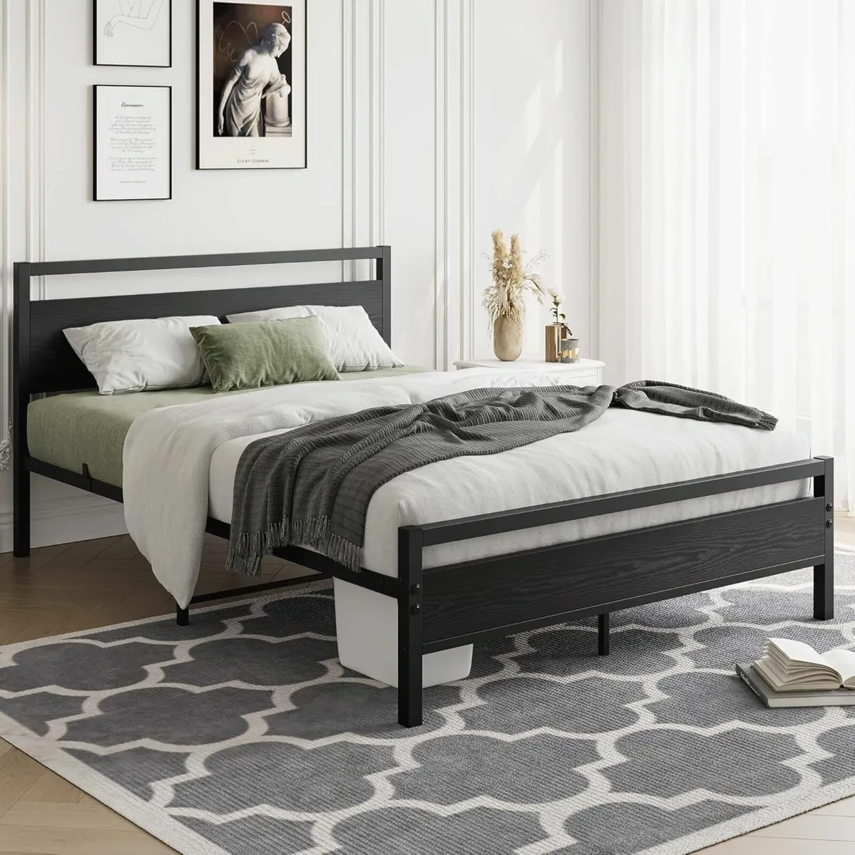 Double Bed Frames Wooden Headboard Black 135x190cm - Image 4