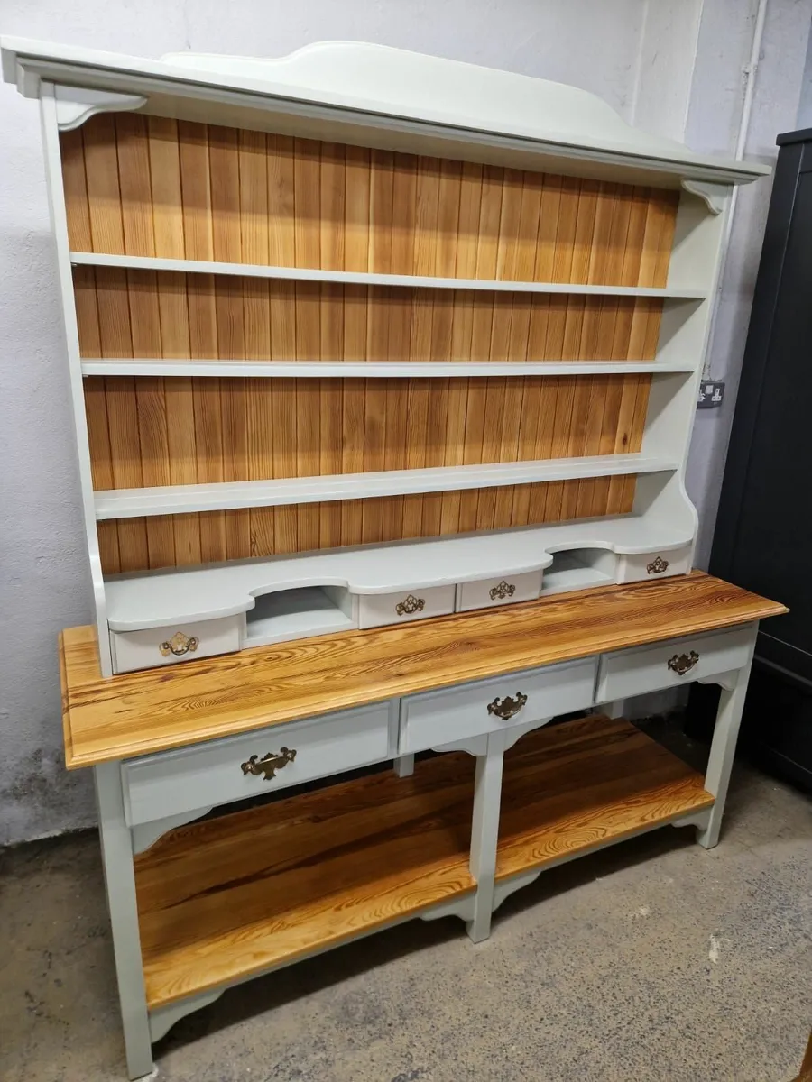 Large vintage pine kitchen dresser, sage green - Image 1