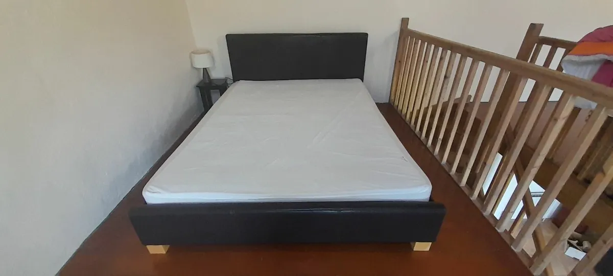 King size leather bed with mattress - Image 1