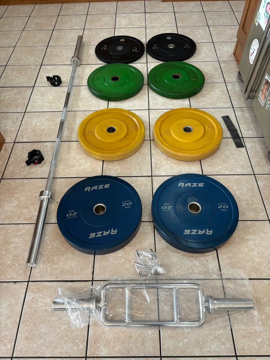 OLYMPIC BUMPER WEIGHTS, TRI HAMMER AND 7 FOOT BAR! - Image 1