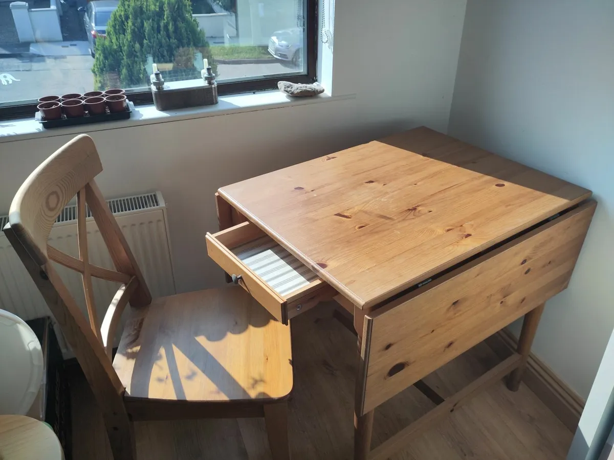 Wooden desk / drop leaf table + chair incl drawer - Image 1