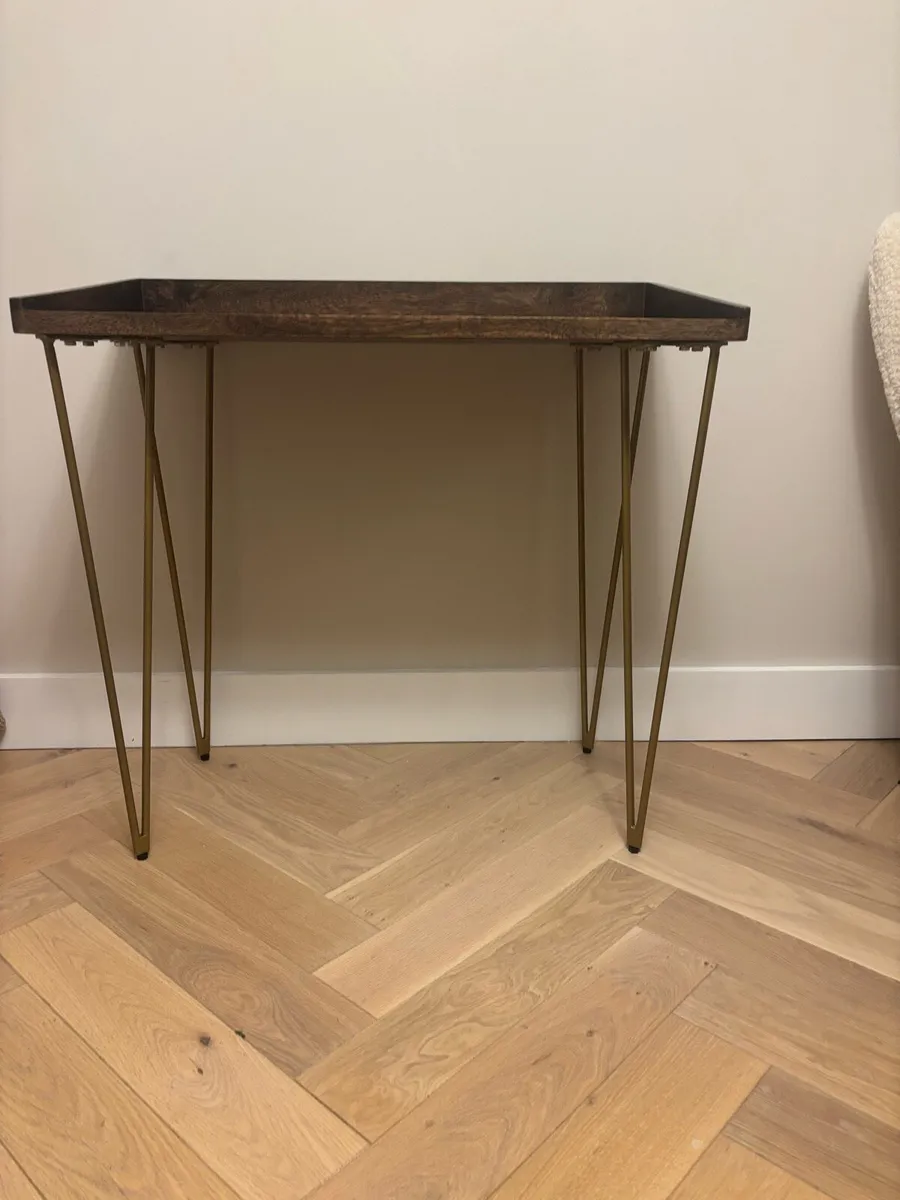 Compact Dark Oak Effect Desk with Hairpin Legs - Image 1