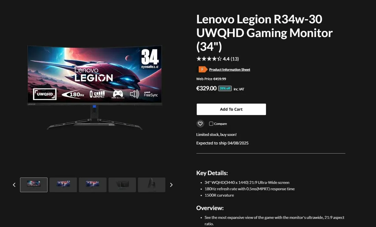 Lenovo Legion R34' - Ultrawide QHD Gaming Monitor - Image 2