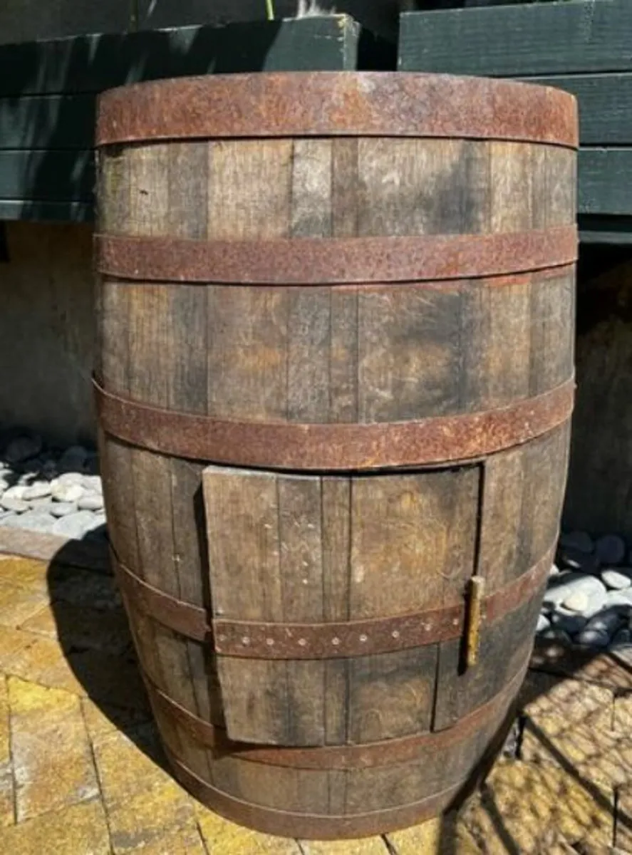 Oak Whiskey Barrel with Brass Hinged Door