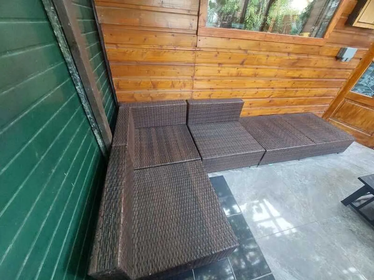6 Piece Garden Lounge Set with custom made Cushions Poly Rattan Brown - Image 1