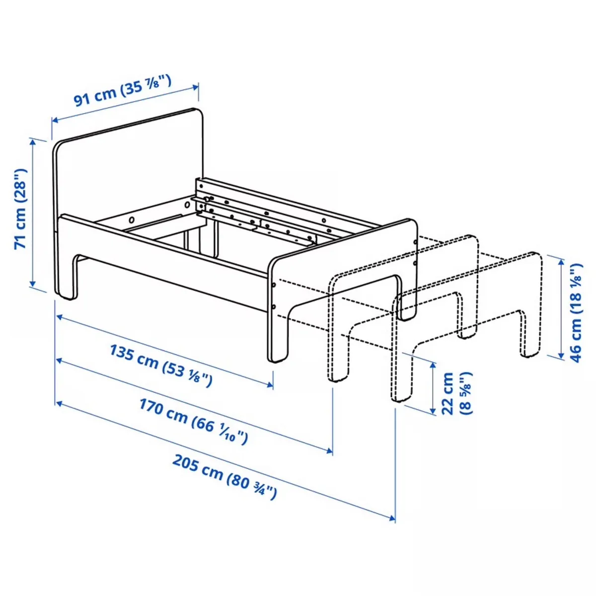 Extendable bed frame + slatted bed base + mattress - Image 4