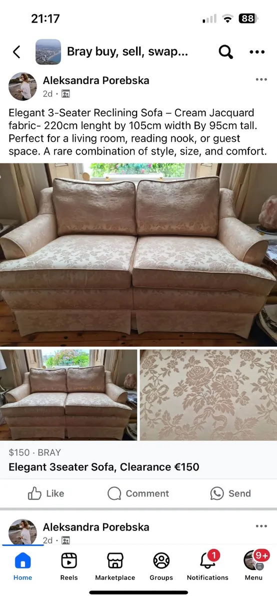 2 Seater Sofa Soft Cream Upholstery - Image 1