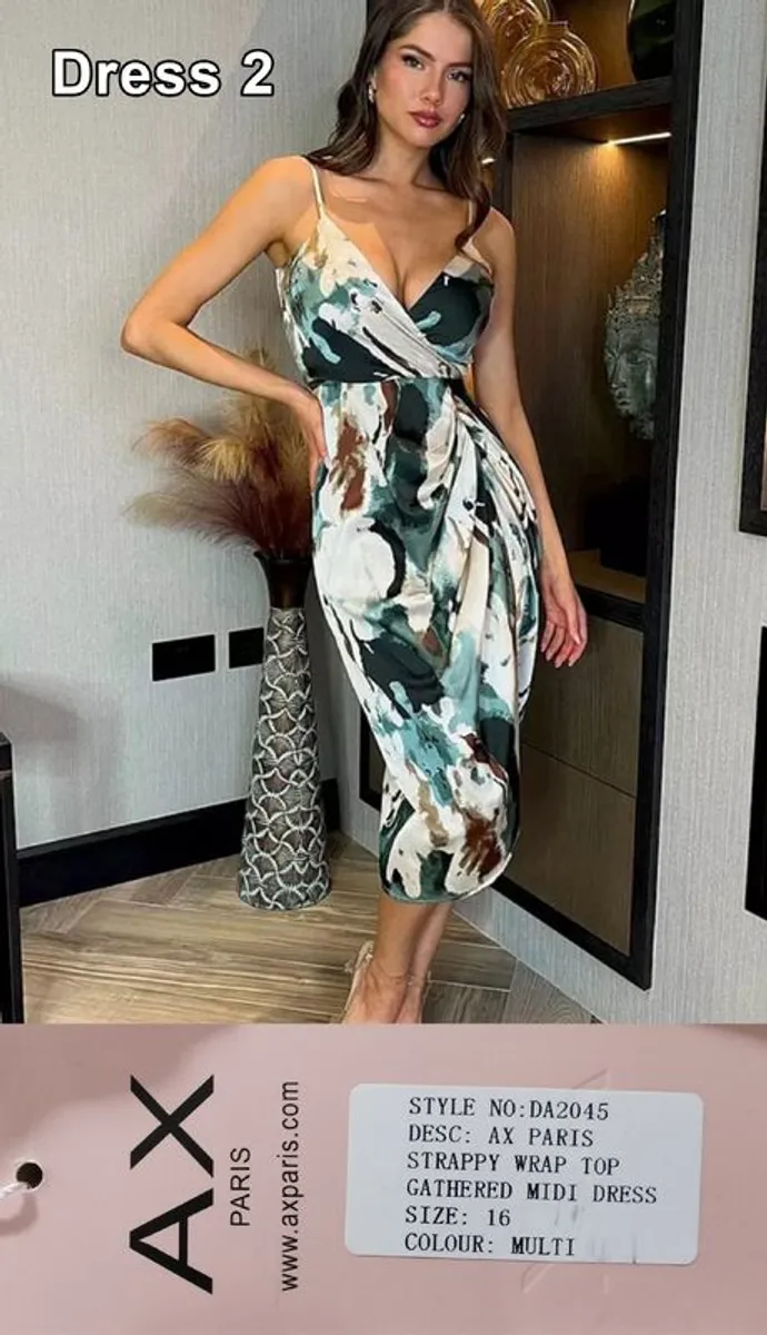 TWO AX Paris Smudge print strappy wrap top gathered skirt / midi dresses - Image 3