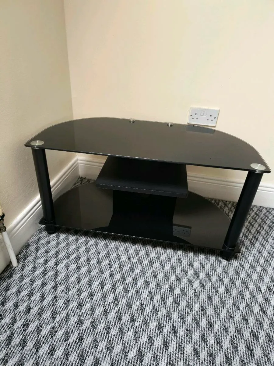 Black Glass Corner TV Stand, Functional with Visib - Image 1