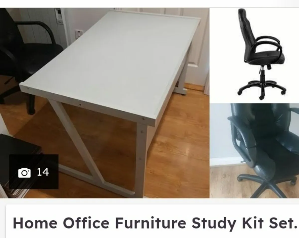 Home Office Table Desk+Black Leather Swivel Chair - Image 1