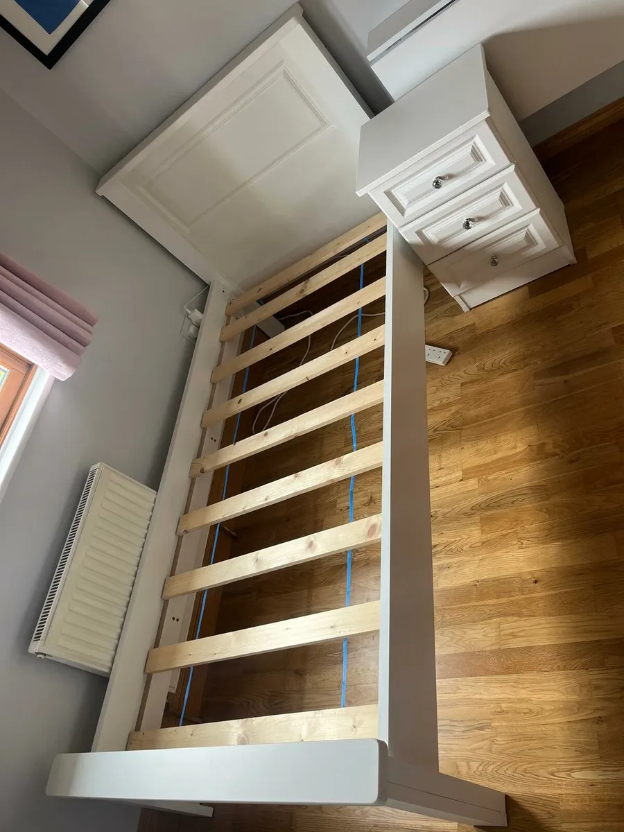 White wooden single bed, matching locker and desk - Image 2