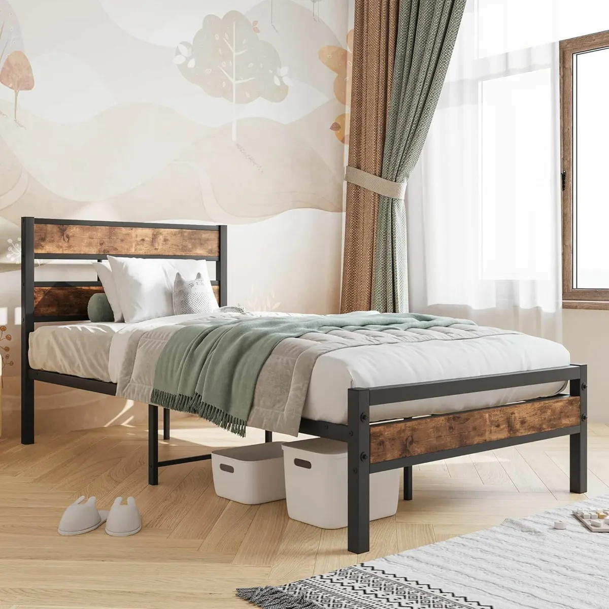 Single Bed Frame Storage Wooden bed Brown 90x190cm - Image 3