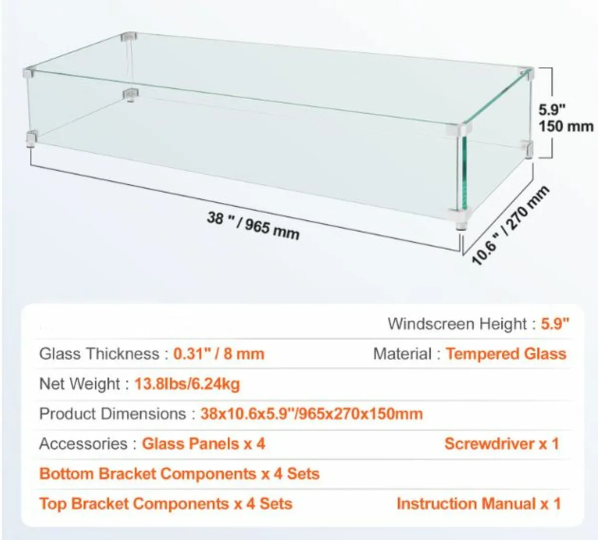 38x10.5x6 inch Fire Pit Wind Guard Tempered Glass - Image 2