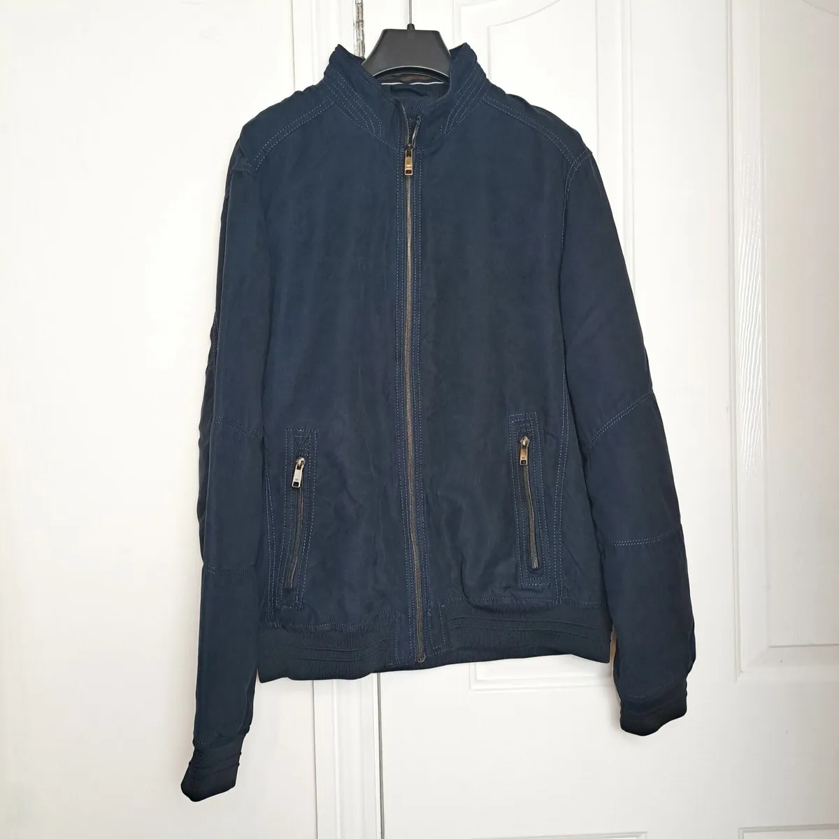 Zara Mens Navy Blue Suede Bomber Jacket Size L - Image 1