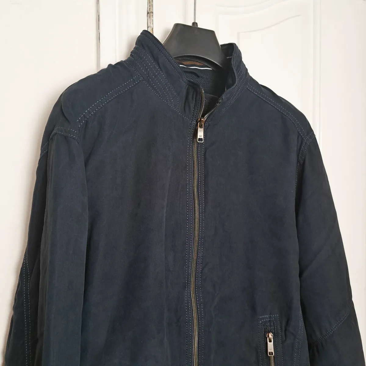 Zara Mens Navy Blue Suede Bomber Jacket Size L - Image 3