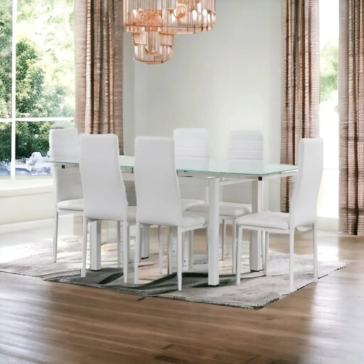 Extendable Glass Dining Table Set with 6 Faux Leather Chairs Black & White Elegant and Modern - Image 1