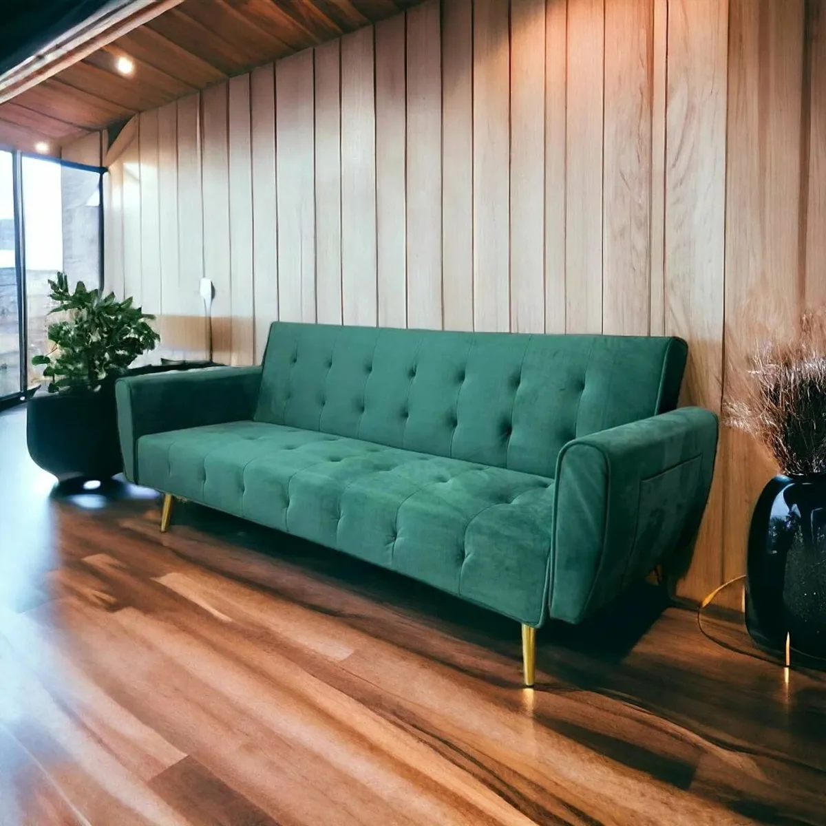 Luxury Velvet Sofa Bed with Golden Legs green - Image 2