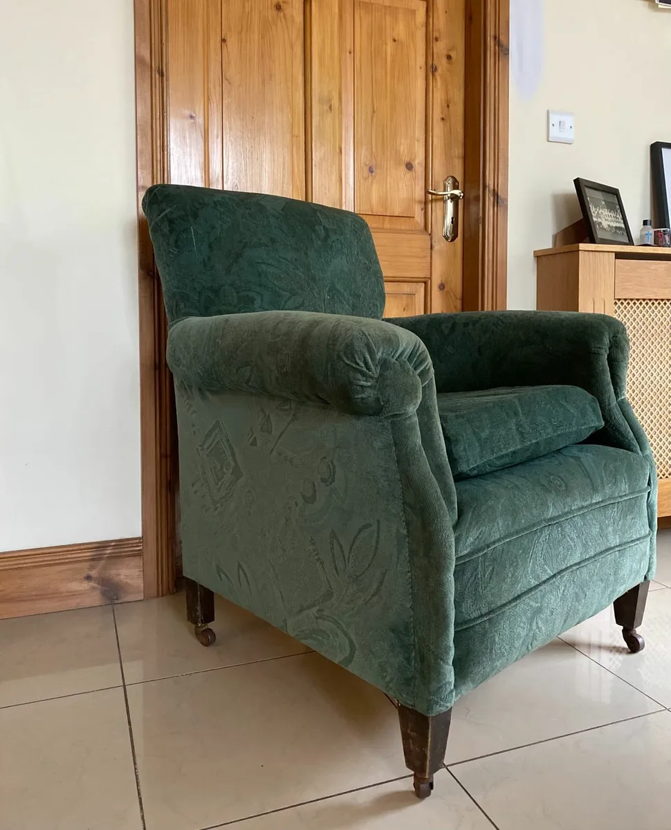 Mid century upholstered armchair, ceramic castors. - Image 1