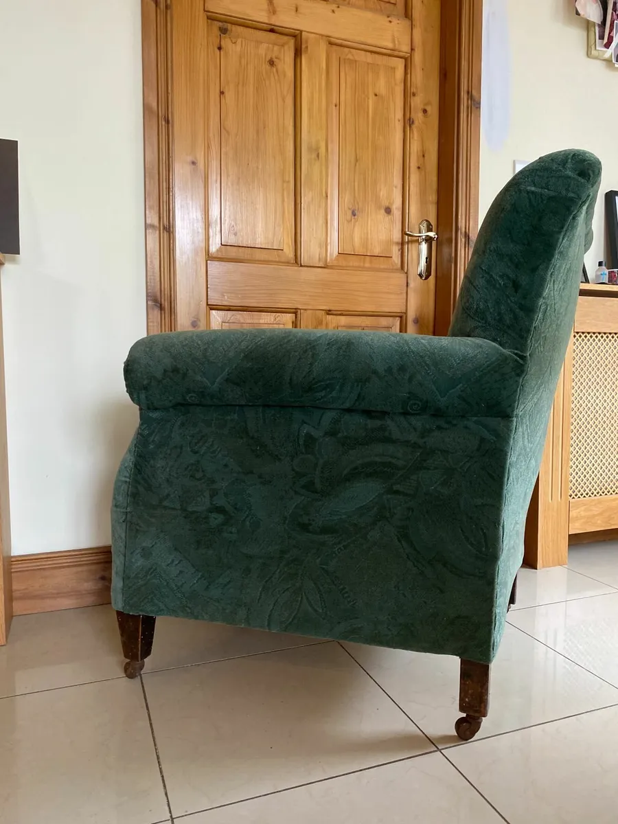 Mid century upholstered armchair, ceramic castors. - Image 3