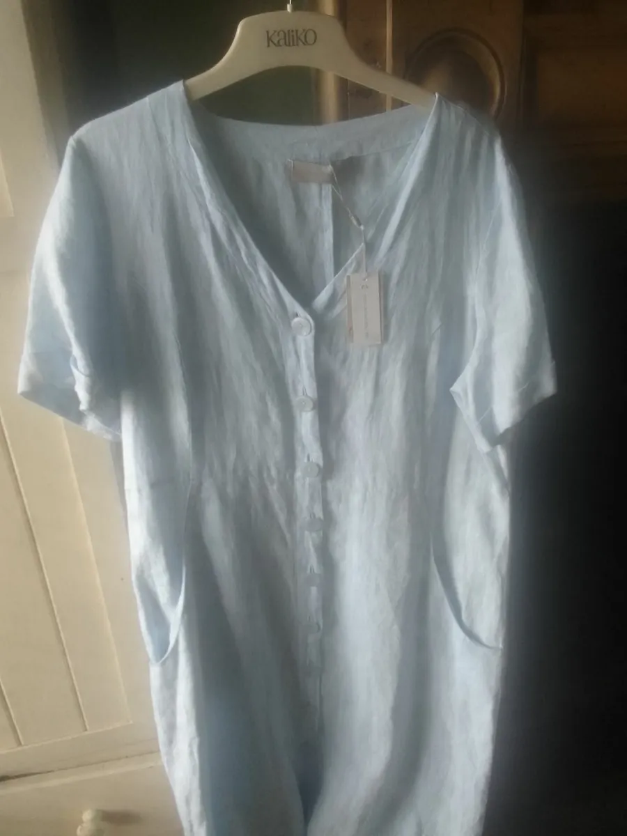 PAUL COSTELLOE PALE BLUE LINEN  MIDI DRESS LGE NEW - Image 2