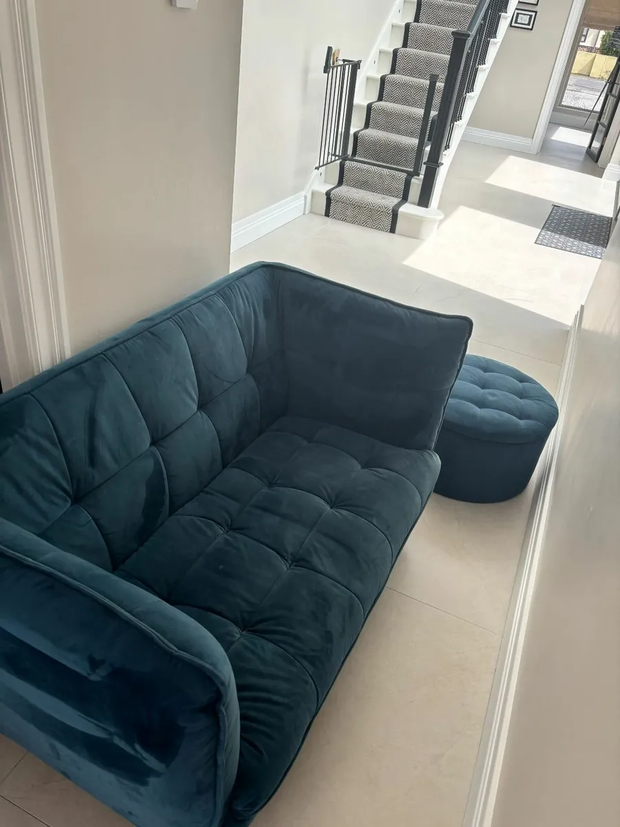 Dark Blue 2 seater couch and matching footstool - Image 1