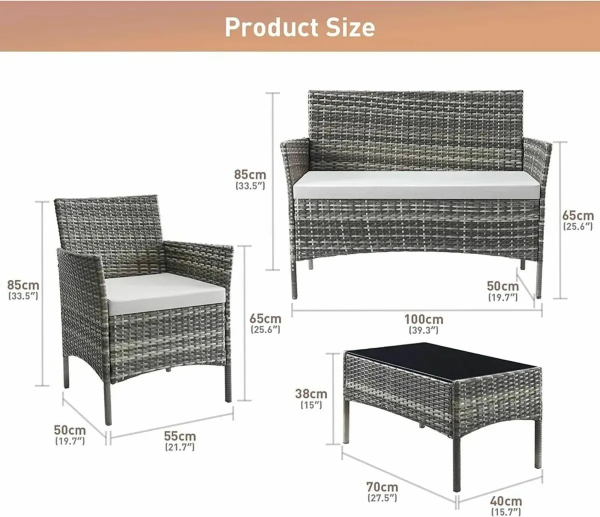 Rattan Chair 4pc Garden Set with Table & Cushions - Image 3