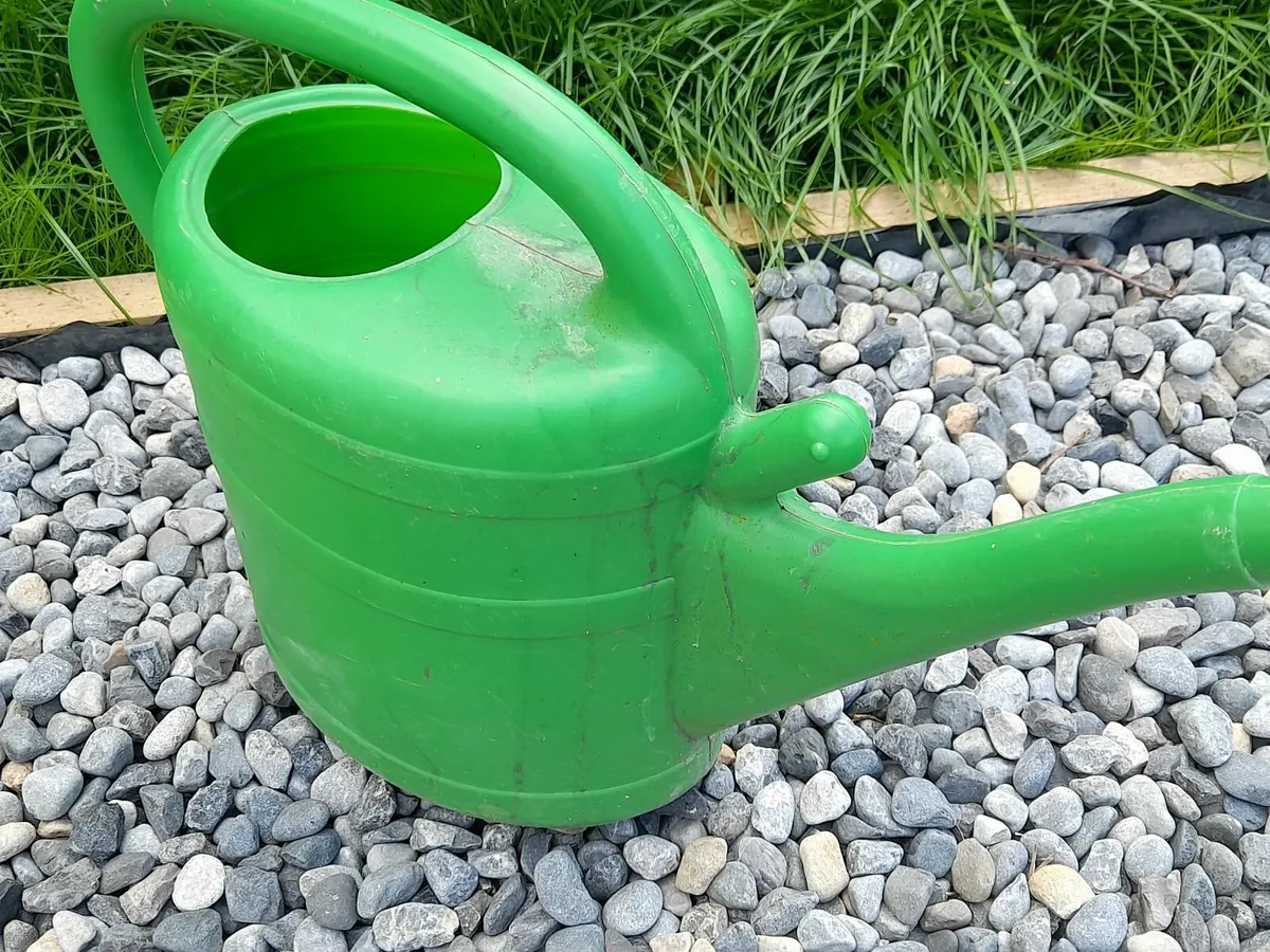 Green plastic watering can