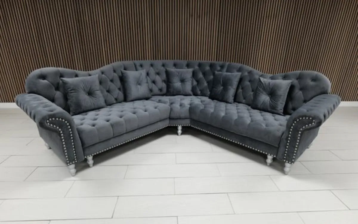 Elegance Grey Plush Velvet Fabric Corner Sofa - Image 1