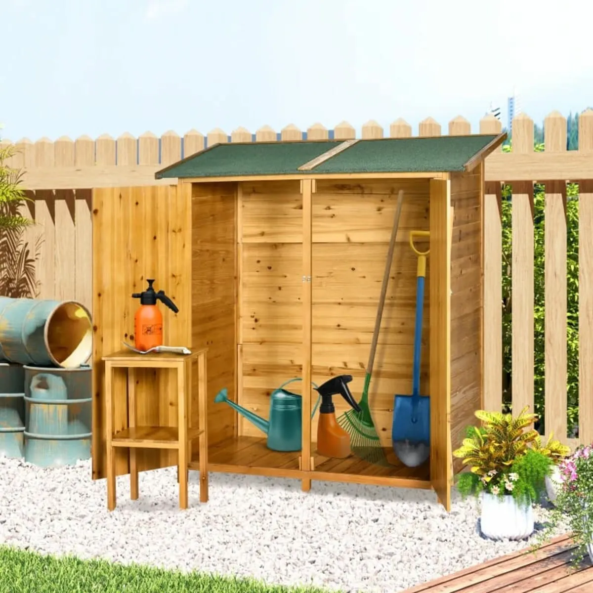 Garden Wood Storage Shed w/ Flexible Table, Hooks - Image 3