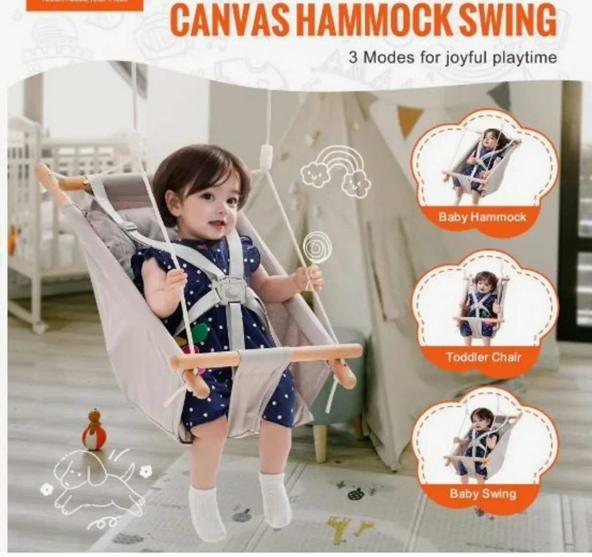 Canvas Hammock Swing 3 Modes Baby Swing - Image 2