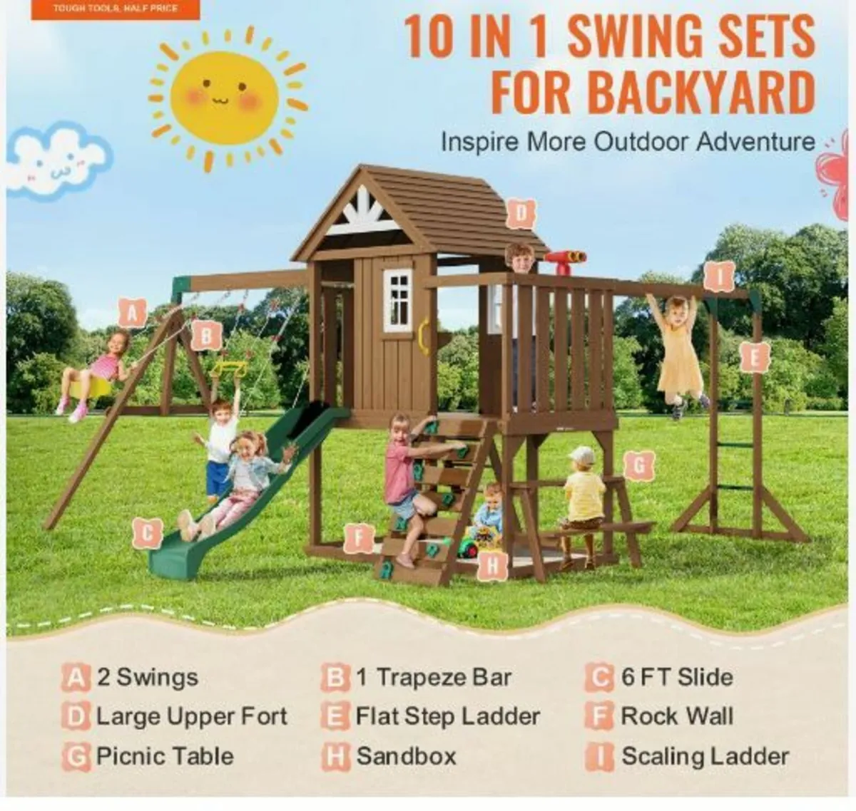 Wooden Swing Set 10 IN 1 Outdoor Playground Sets - Image 2