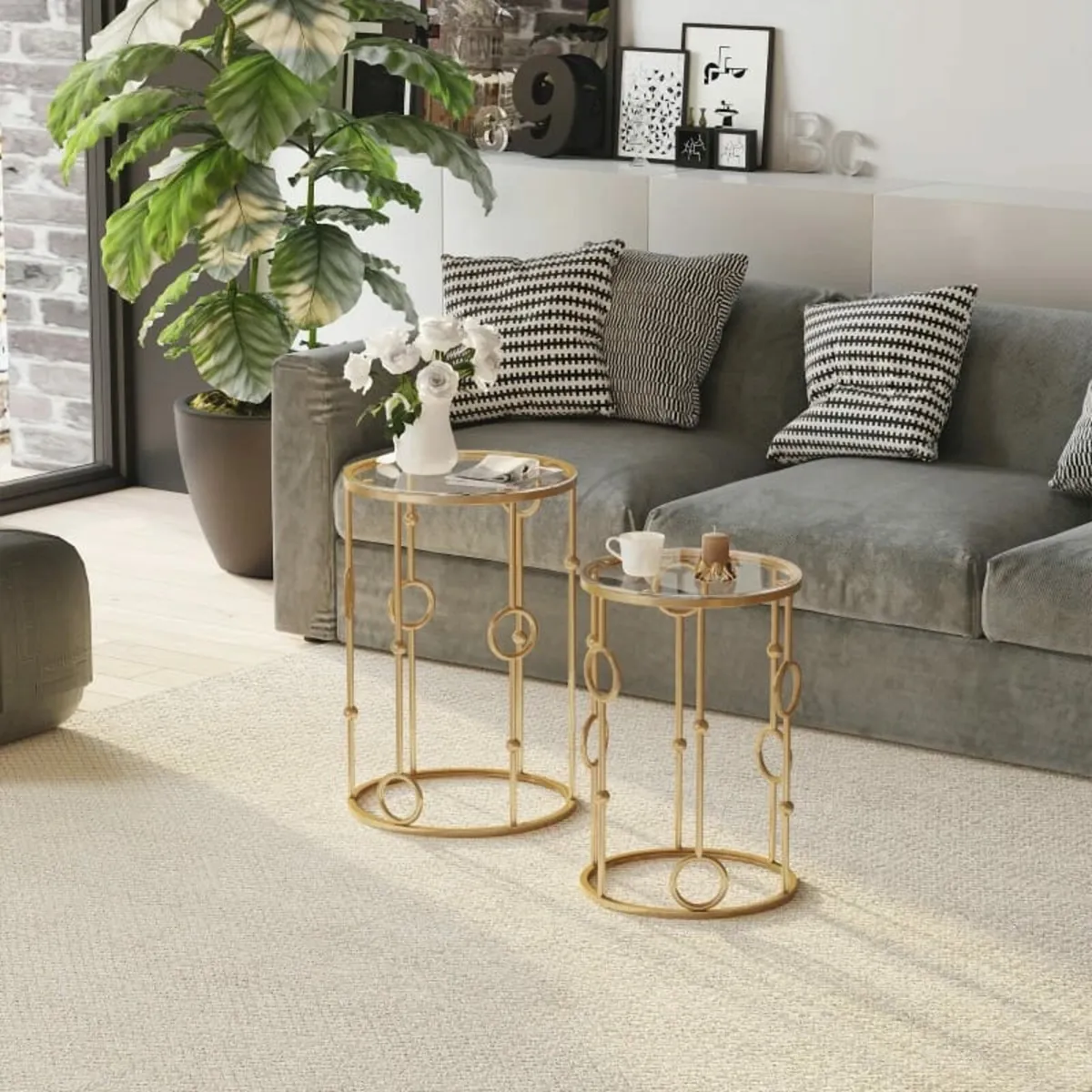 Round Coffee Tables Set of 2, Gold Nesting Side En - Image 3
