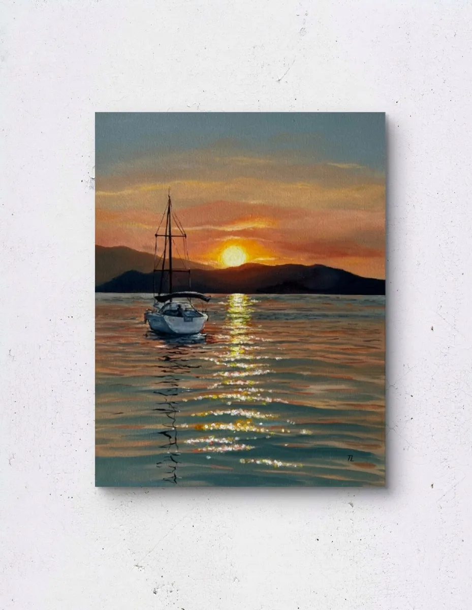 ORIGINAL OIL PAINTING Sunset Sea View Sailboat Art - Image 1