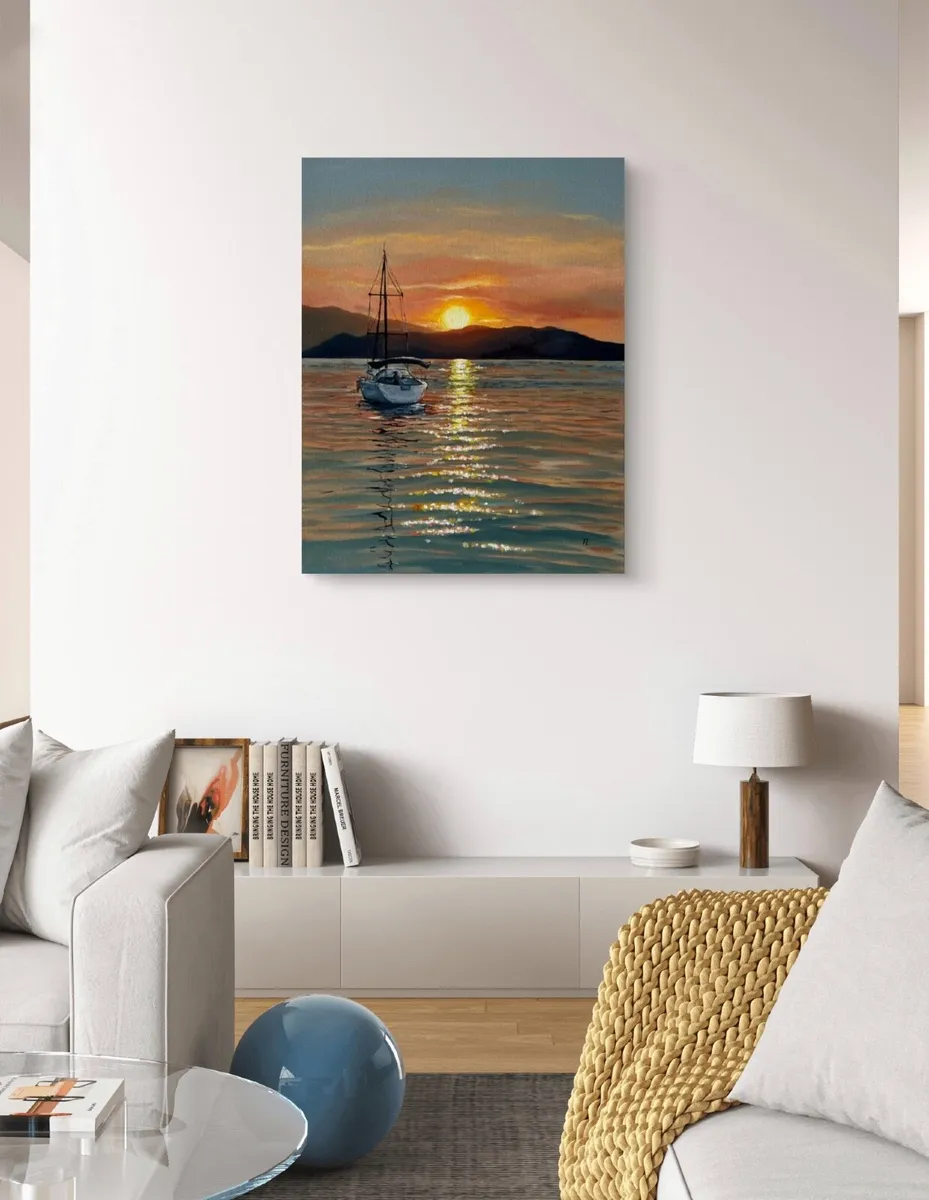 ORIGINAL OIL PAINTING Sunset Sea View Sailboat Art - Image 2