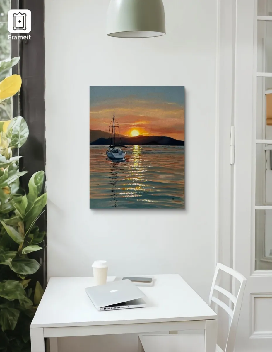 ORIGINAL OIL PAINTING Sunset Sea View Sailboat Art - Image 3