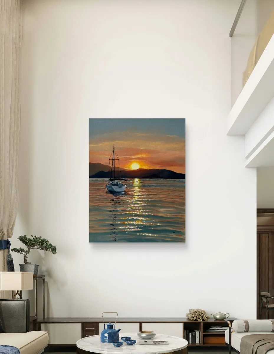 ORIGINAL OIL PAINTING Sunset Sea View Sailboat Art - Image 4