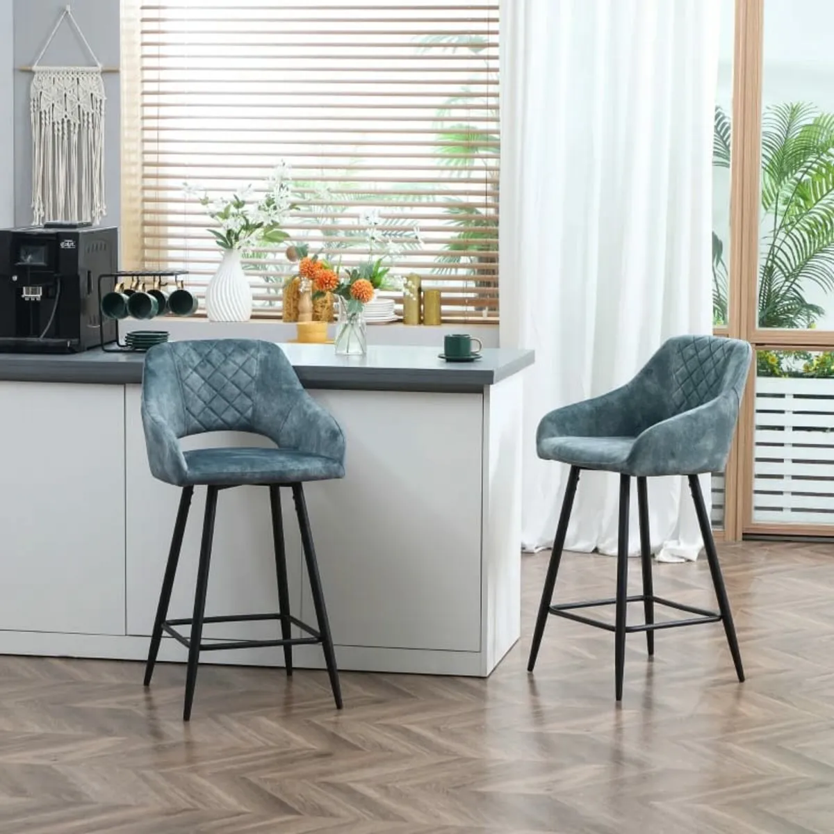 Bar Stools Set of 2, Velvet-Touch Fabric Counter H - Image 3