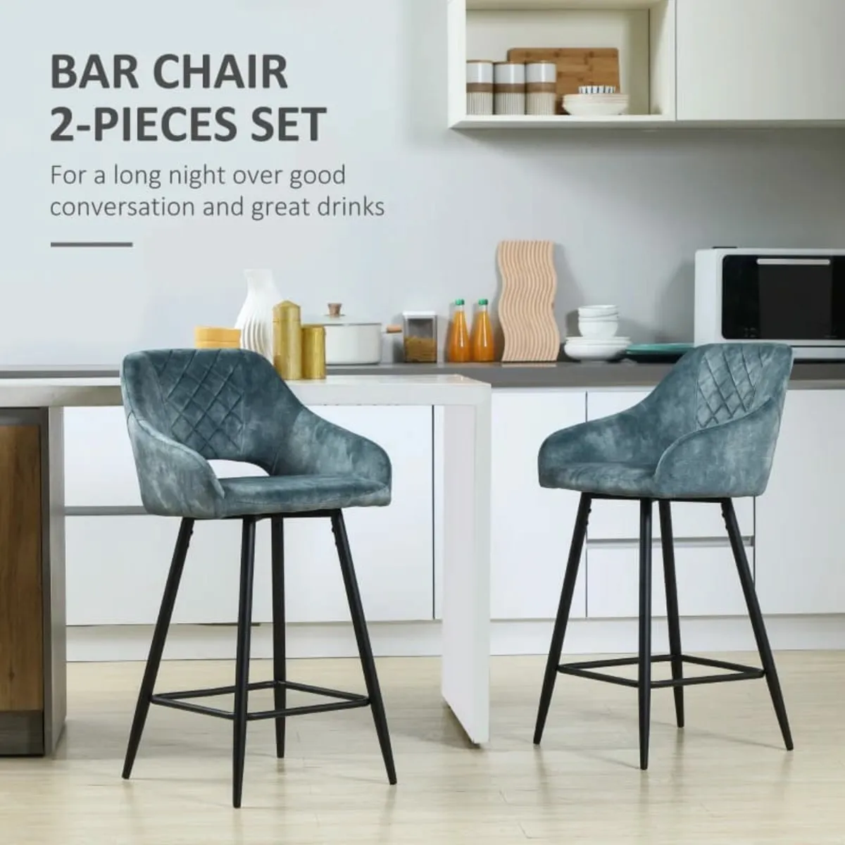 Bar Stools Set of 2, Velvet-Touch Fabric Counter H - Image 4