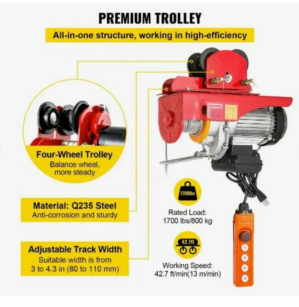 800Kg/1700Lbs Electric Trolley Hoist 1300W - Image 2