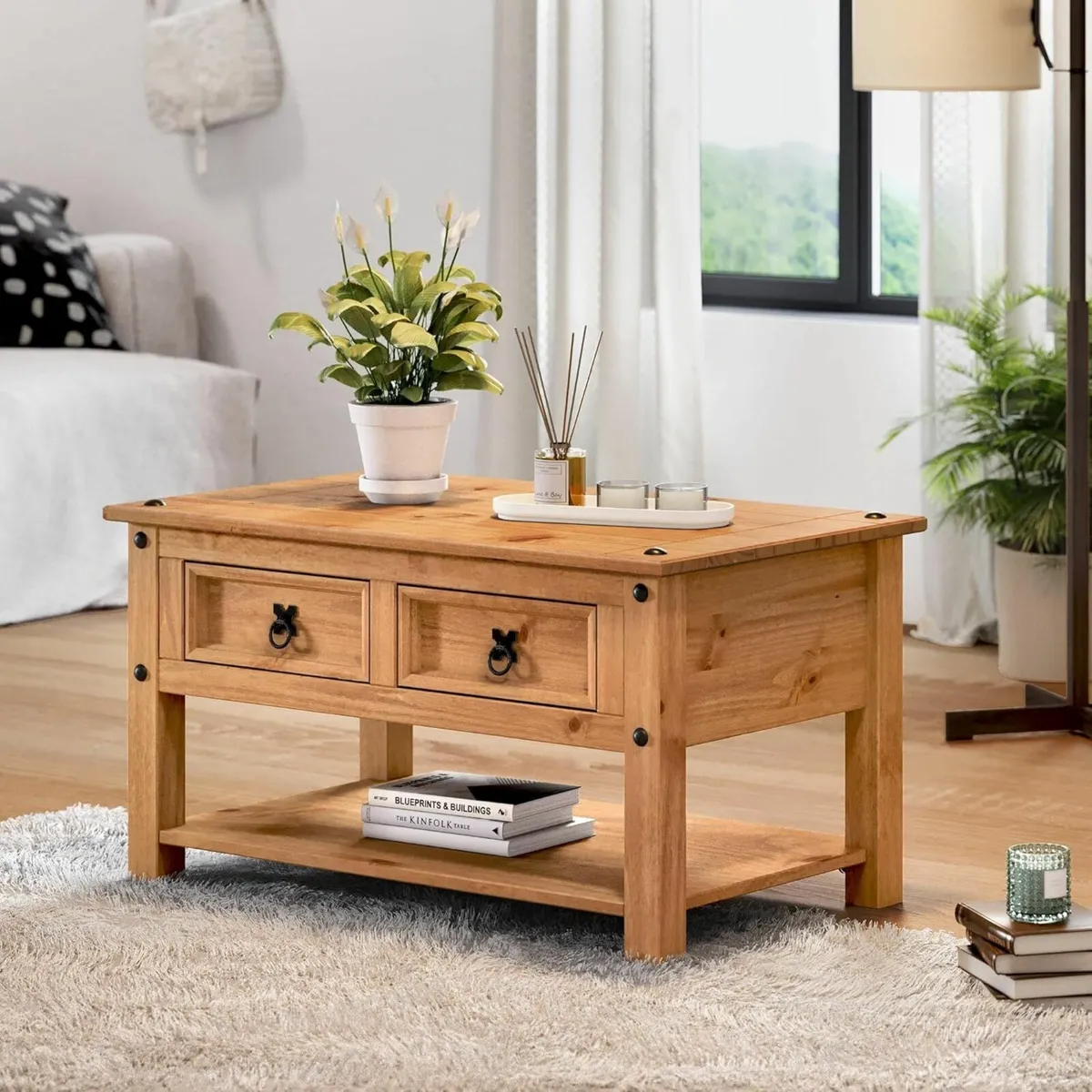 Coffee Table with 2 Drawers & Shelf - Image 1