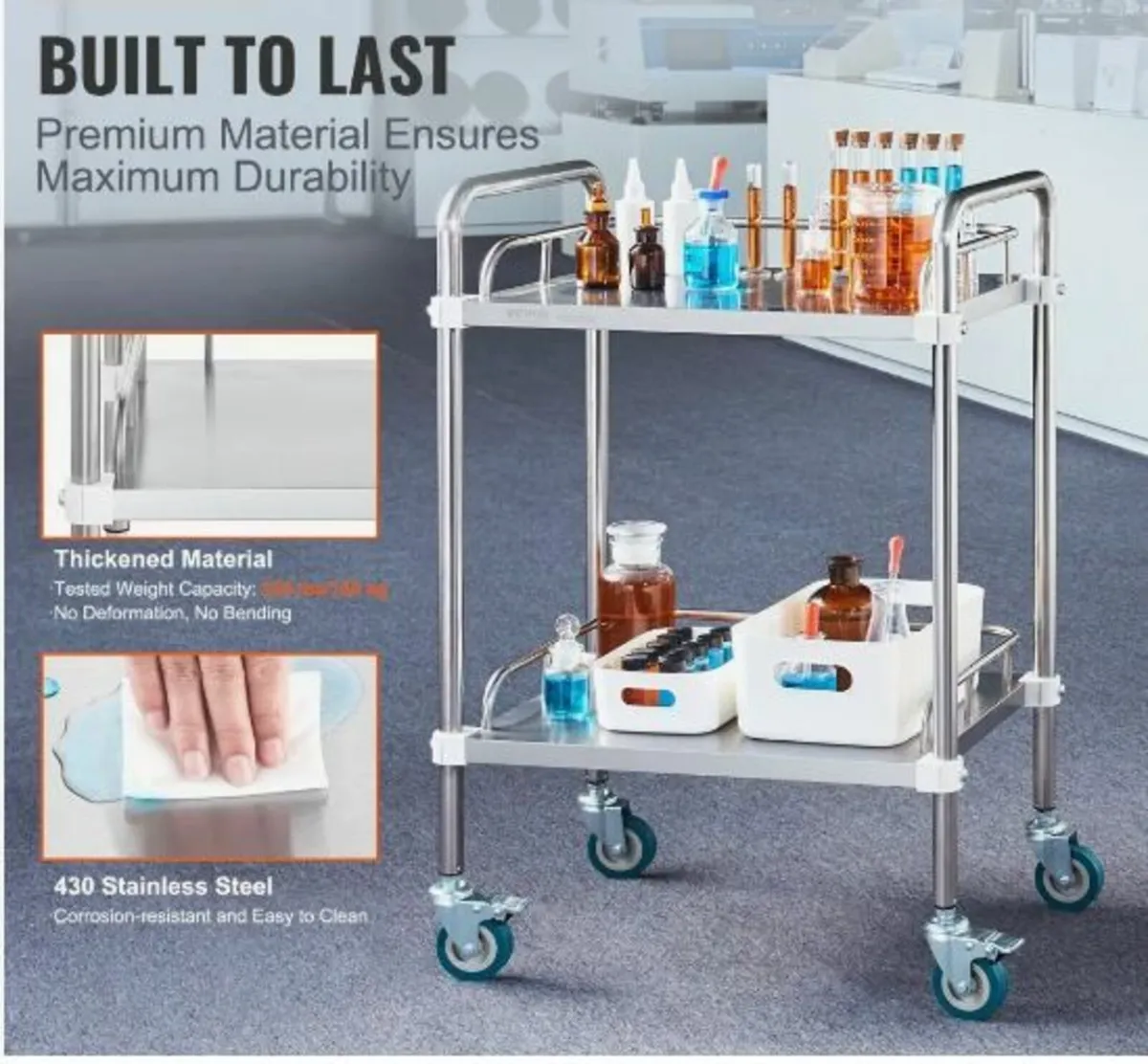 Lab Rolling Cart, 2-Shelf Stainless Steel - Image 2
