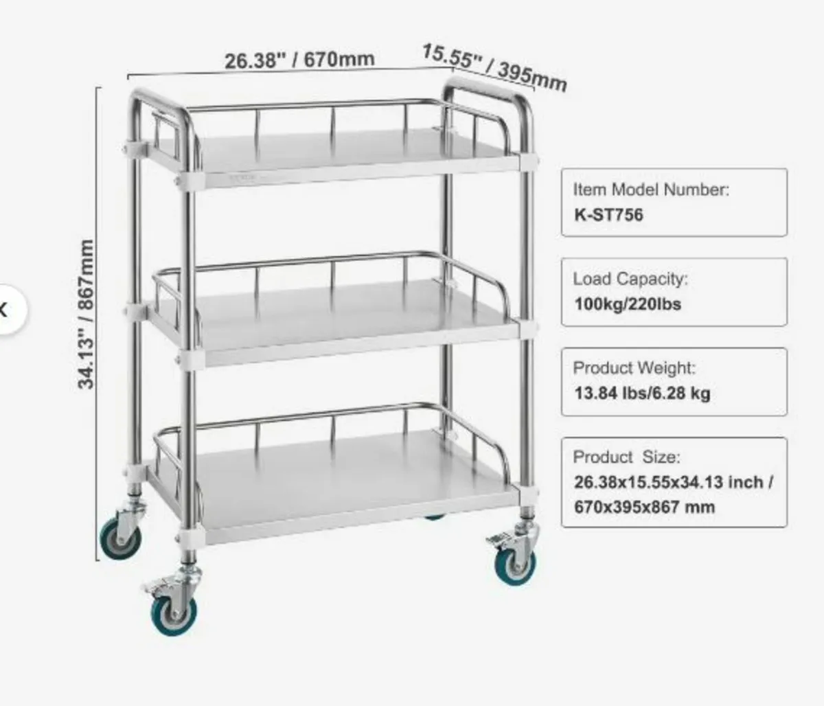 Lab Rolling Cart, 3-Shelf Stainless Steel - Image 4