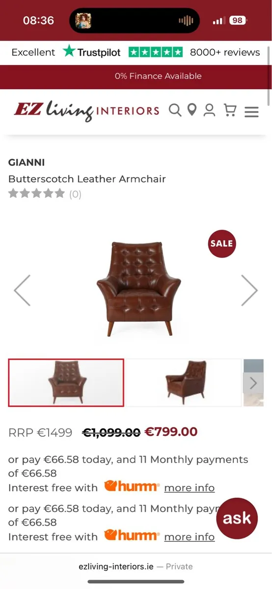 EZ Living Gianni Butterscotch Leather Armchair - Image 3